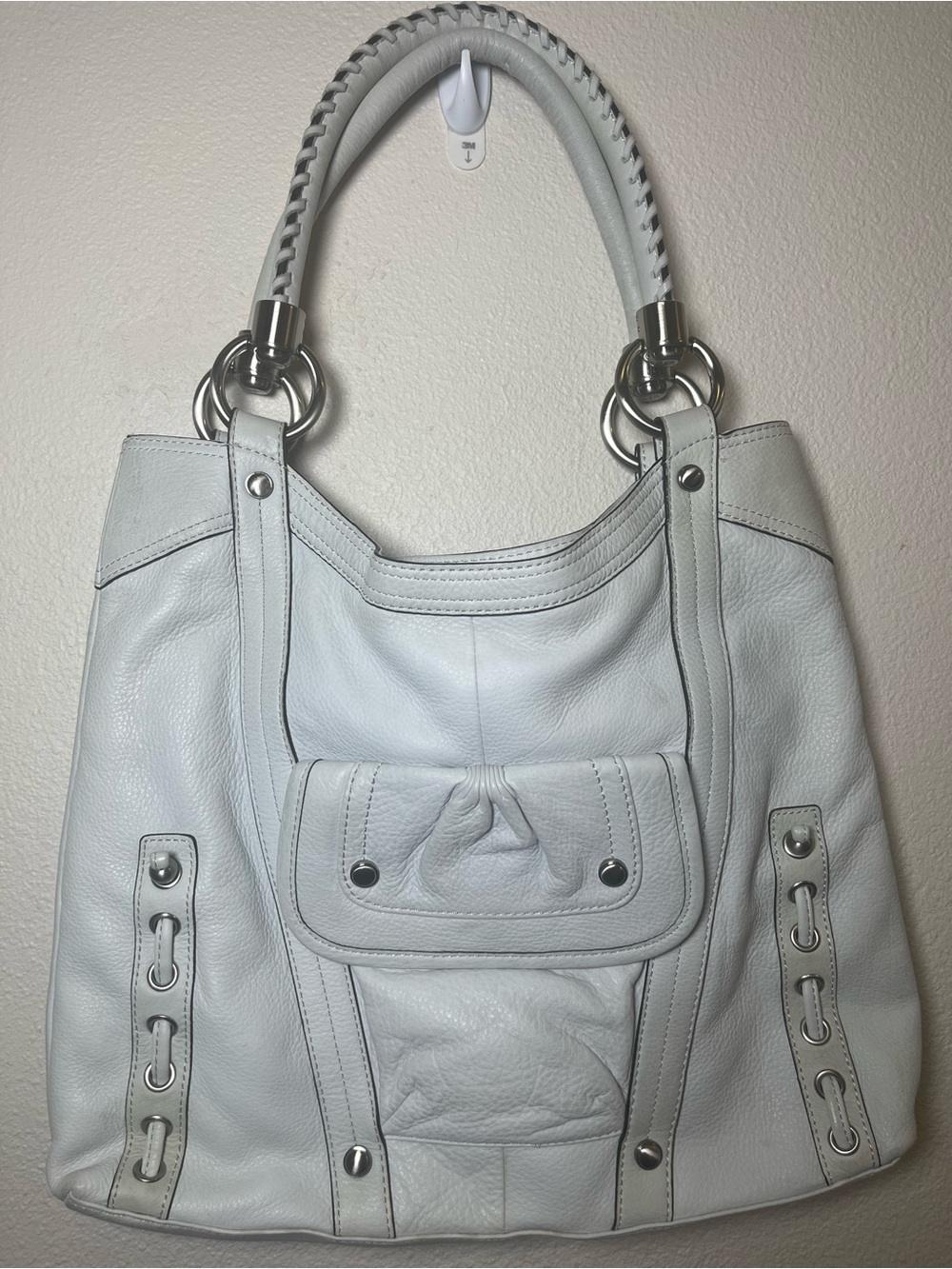 b. makowsky Y2K
Light Gray White Leather Shoulder Bag with Braided Handles